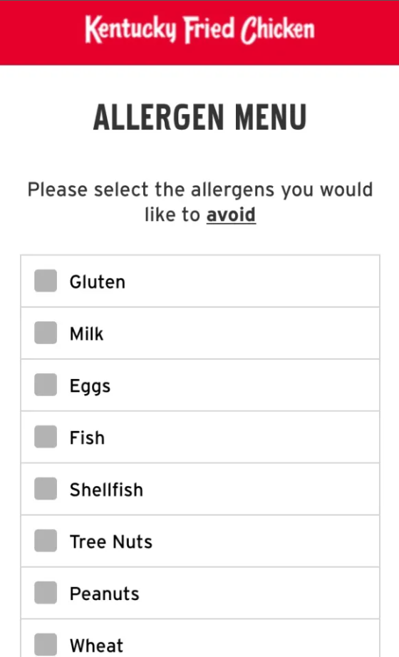 Allergens Values Of KFC Menu USA