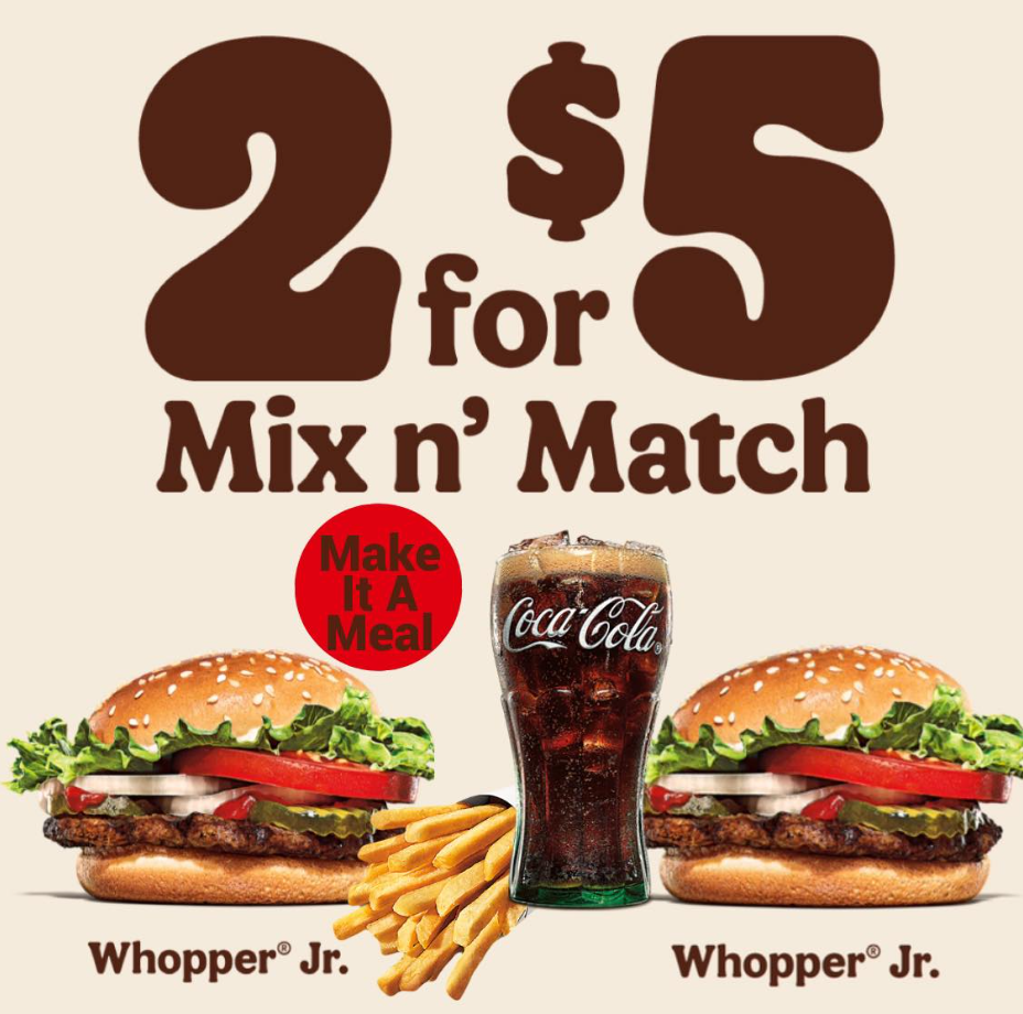 Burger King 2 for $5 Mix and Match Deal USA