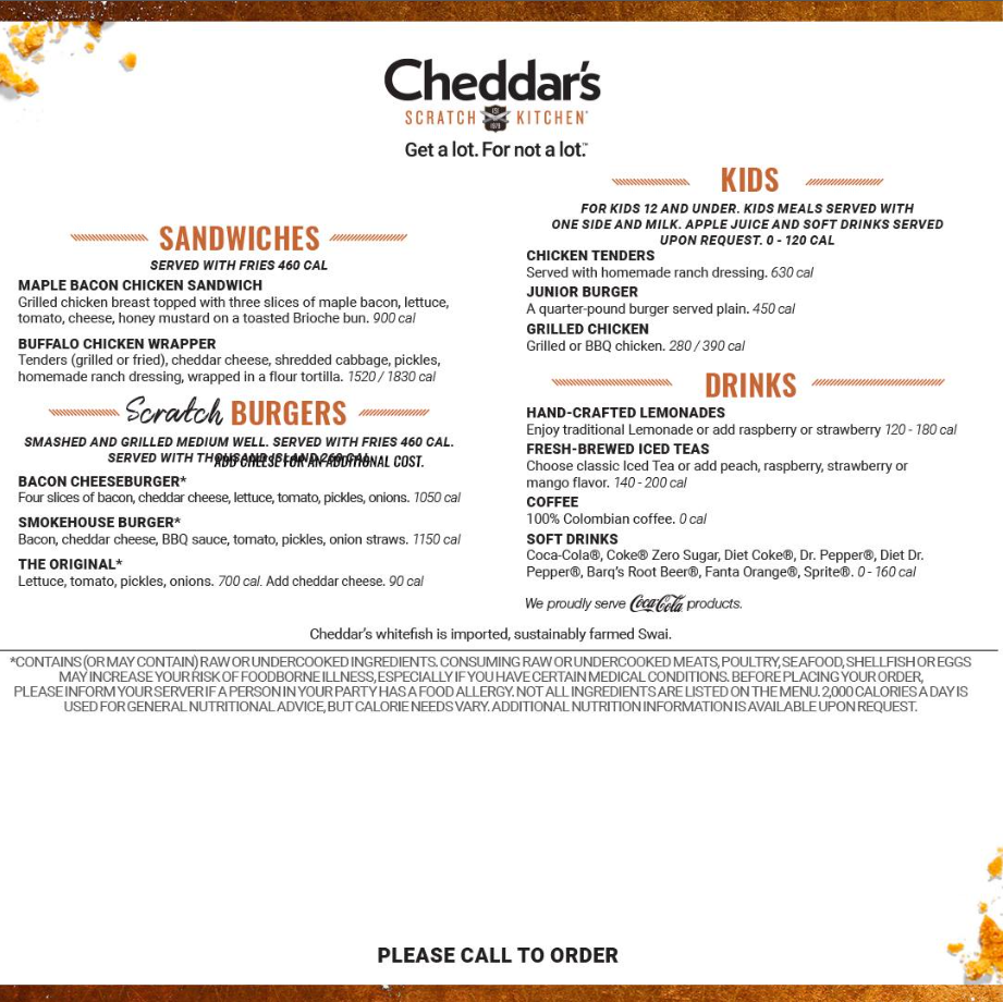 Cheddars Kids Meals Menu USA