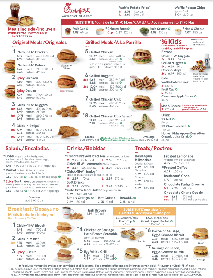 Chick-fil-A Entrées Menu USA