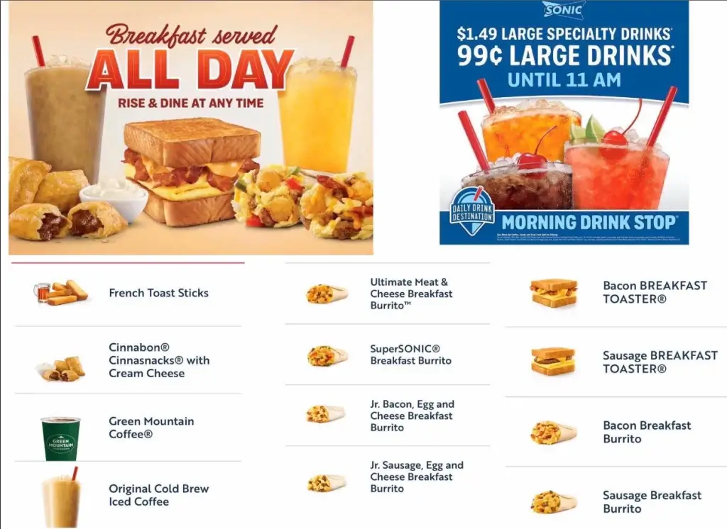 Sonic All Day Breakfast Menu USA