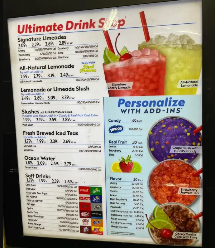 Sonic Ultimate Drink Stop Menu USA