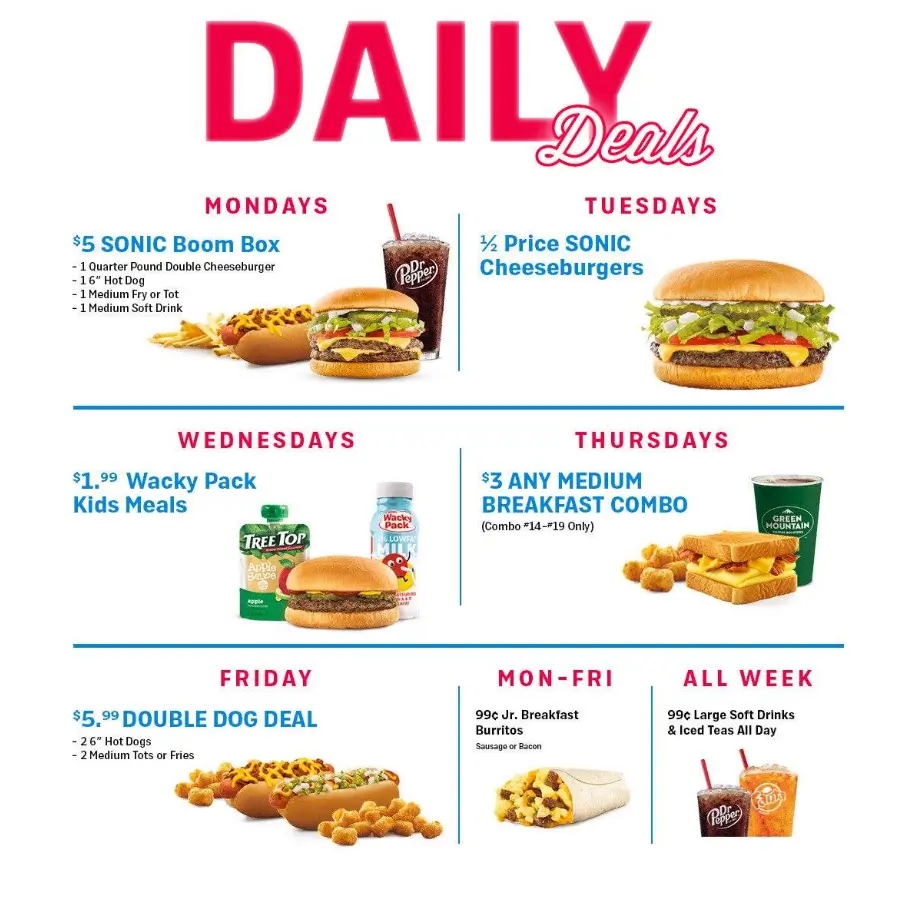 Sonic Weekly Specials Menu Deal USA