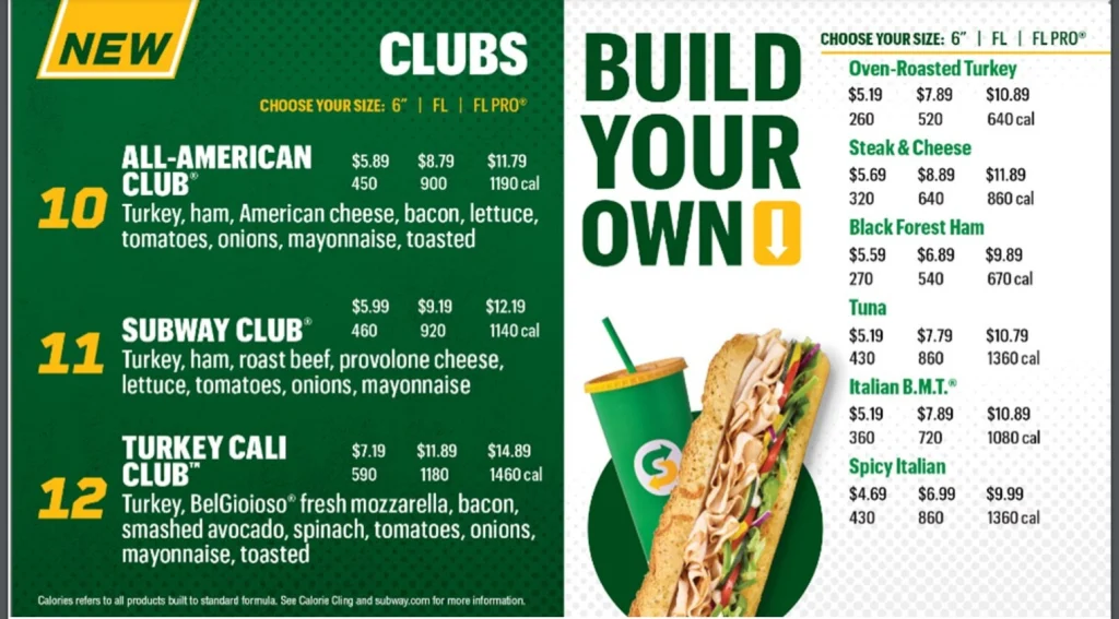 Subway Menu With Prices USA