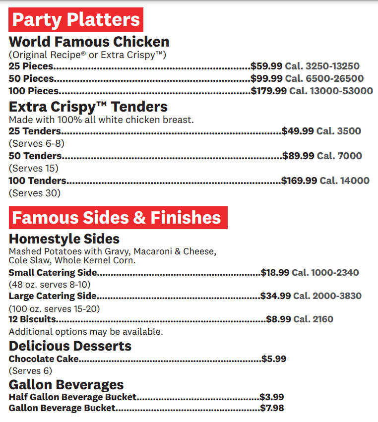 Updated KFC Menu Prices USA