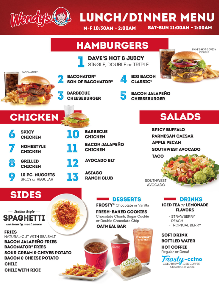 Wendy’s Lunch/Dinner Menu USA