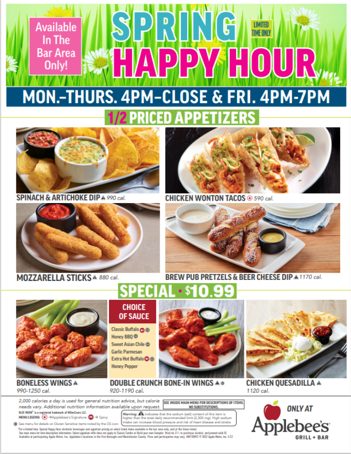 Applebee's Happy Hour Specials Menu Deal USA