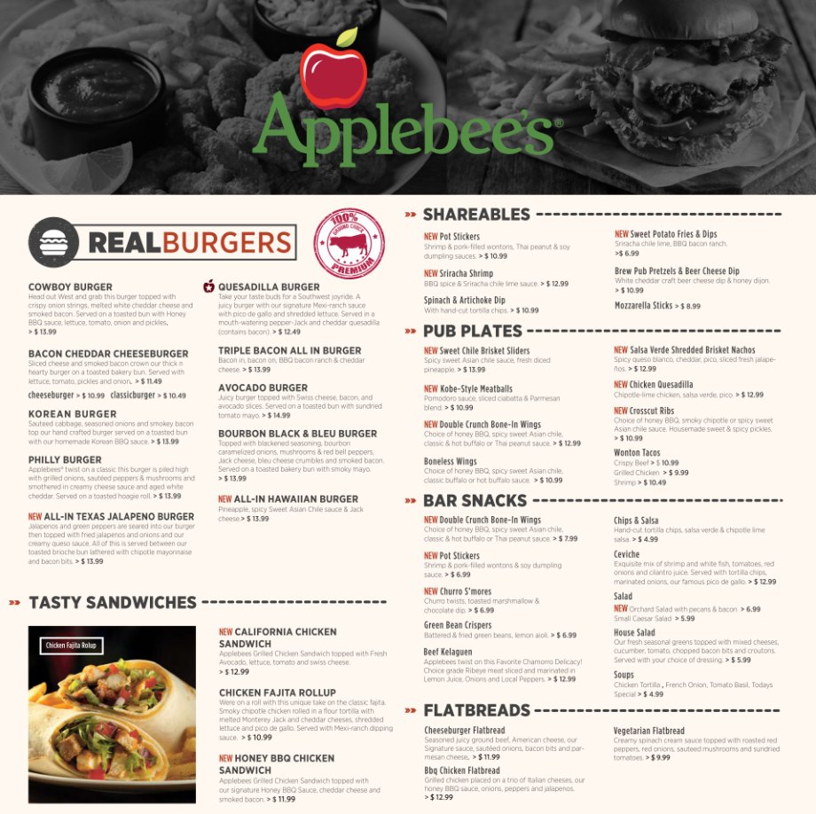 Applebee's Menu Items Prices USA