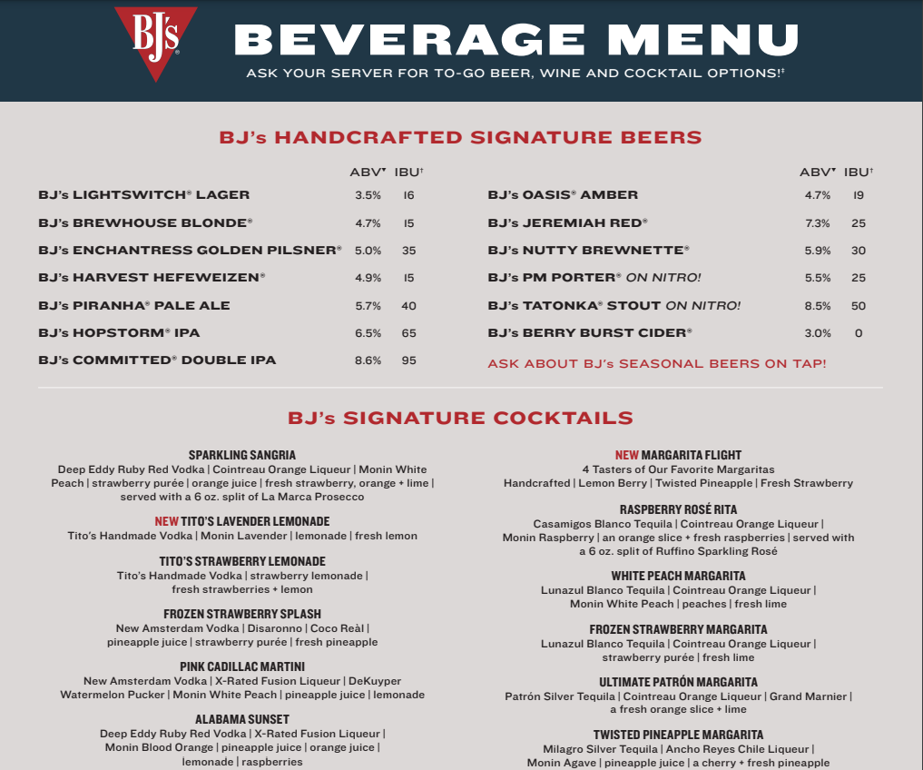 BJ’s Canned Beer & Cider Restaurant Menu USA