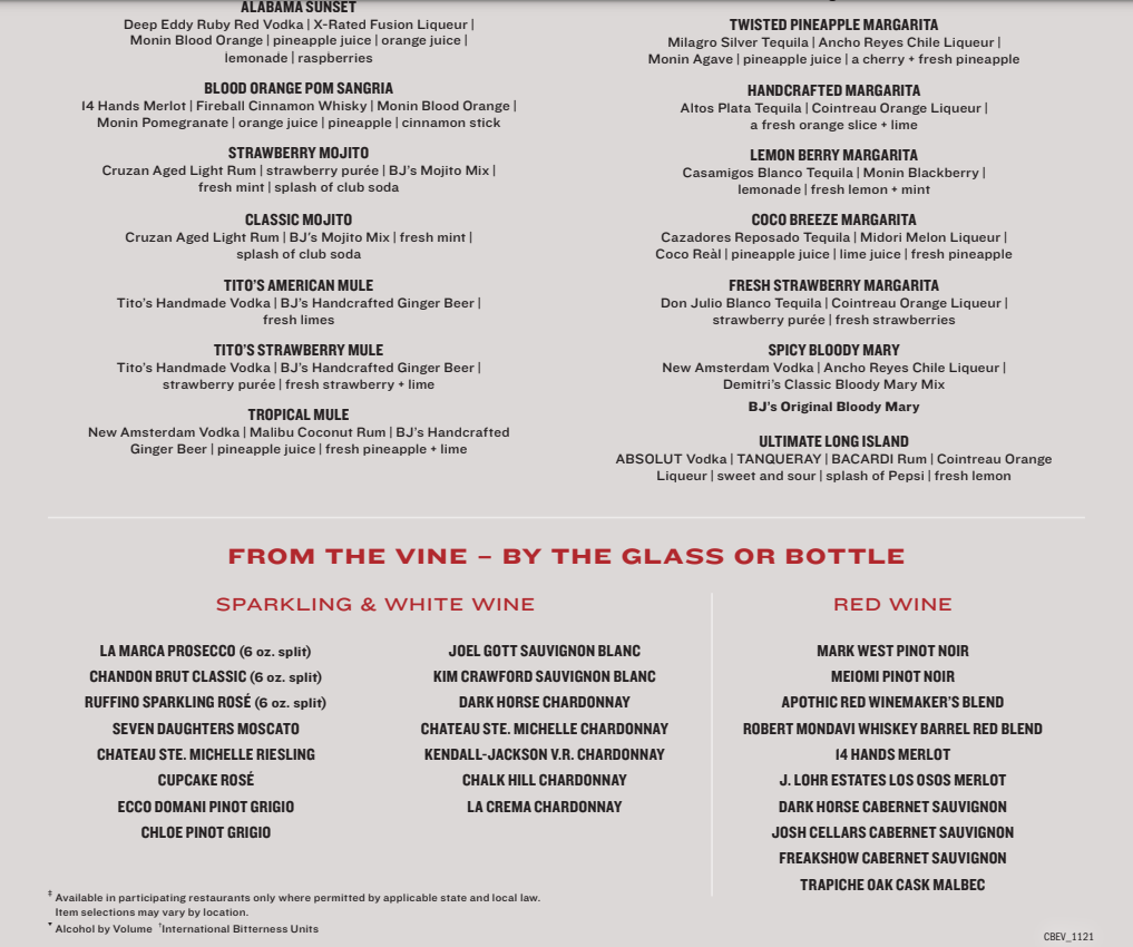 BJ’s Restaurant $15 Wines By The Bottle Menu USA