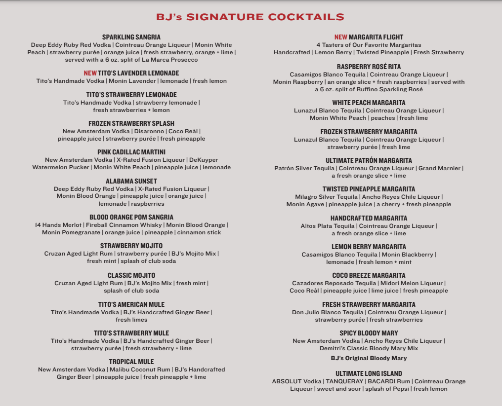 BJ’s Restaurant Cocktails To Go Menu USA