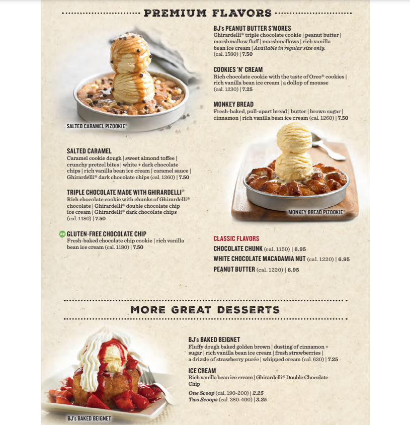 BJ's Restaurant Desserts Menu USA