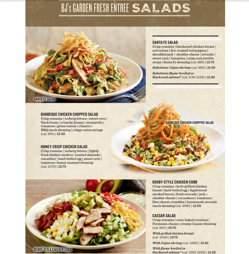 BJ's Restaurant ENTREE Salads Menu USA