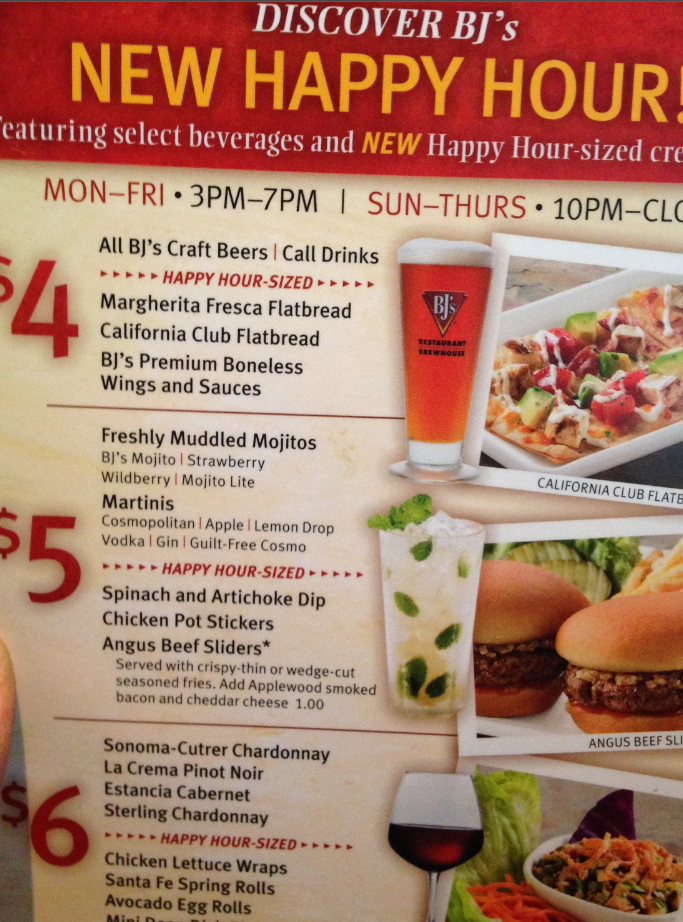 BJ’s Restaurant Happy Hour Specials Menu Deal USA