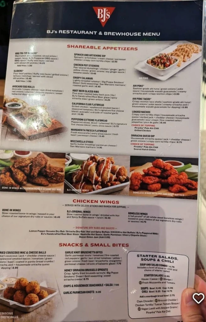 BJ's Restaurant Menu With Prices USA