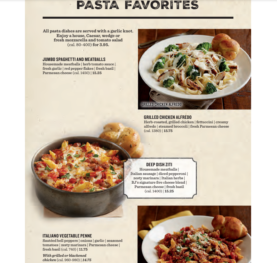 BJ's Restaurant Pasta Menu USA