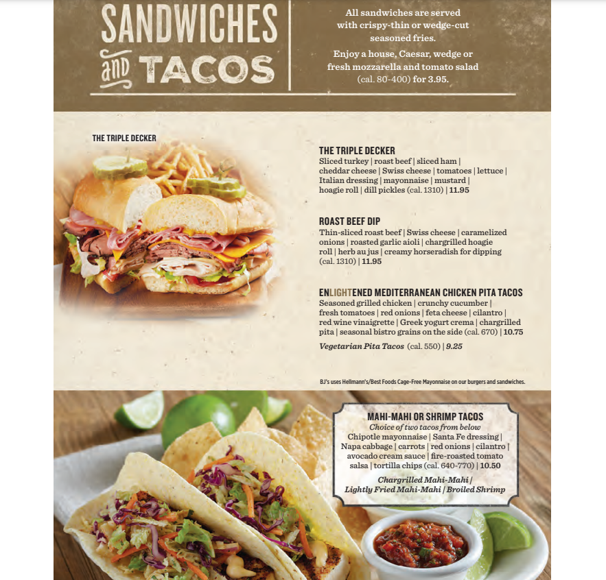 BJ's Restaurant Sandwiches & Tacos Menu USA