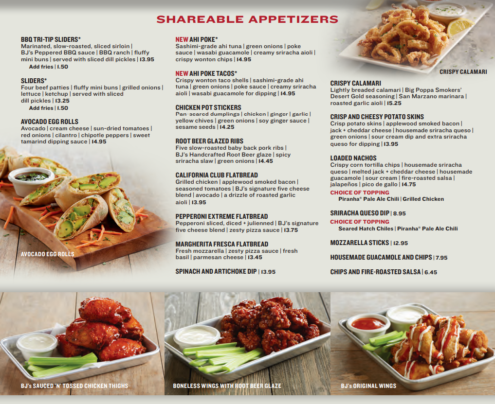 BJ's Restaurant Shareable Menu USA