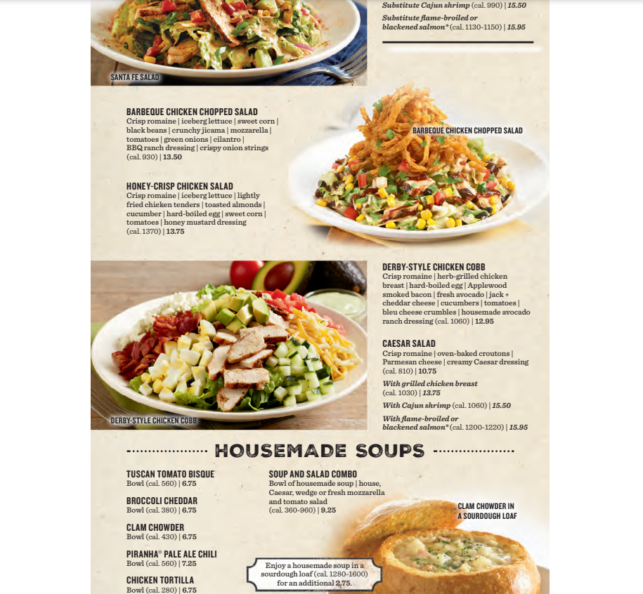 BJ's Restaurant Soups And Salads Menu USA