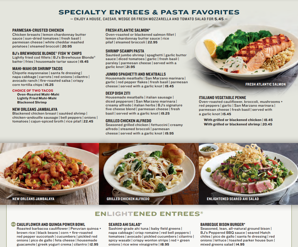 BJ's Restaurant Specialty Entrees Menu USA