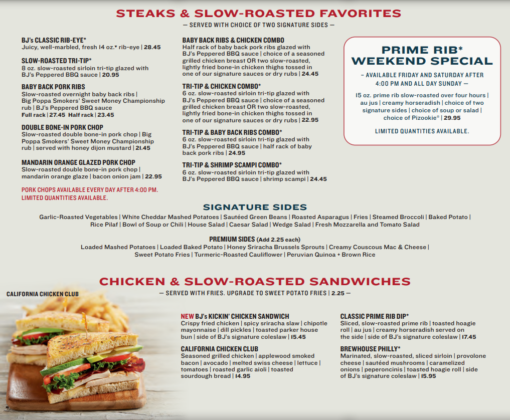 BJ's Restaurant Steaks & Slow-Roasted ENTREE Choices Menu USA