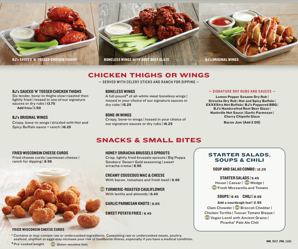 BJ's Snacks And Small Bites Restaurant Menu USA