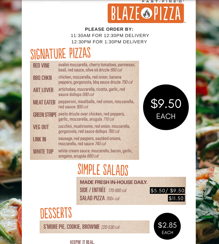 Blaze Pizza Menu USA