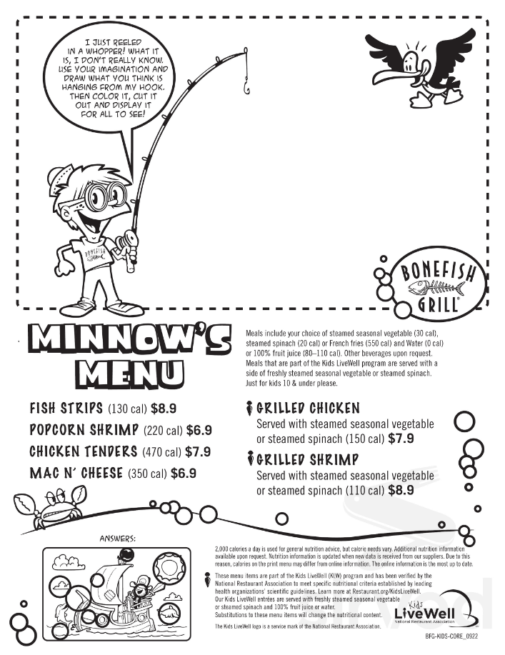 Bonefish Grill Kids Menu USA