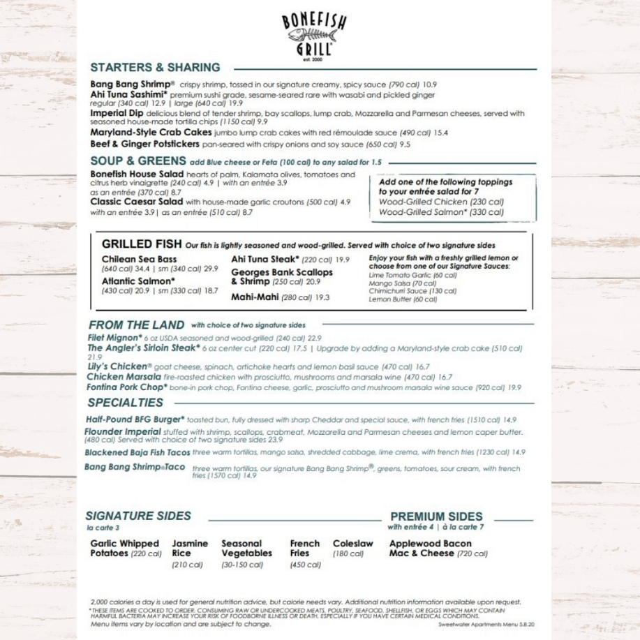 Bonefish Grill Menu Updated Prices USA