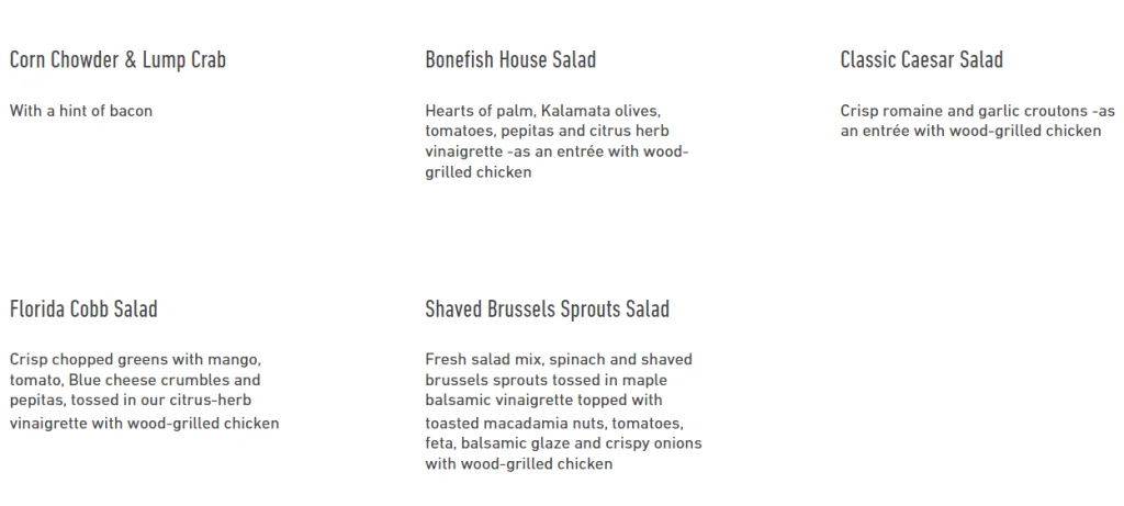 Bonefish Grill Soup & Greens Menu USA