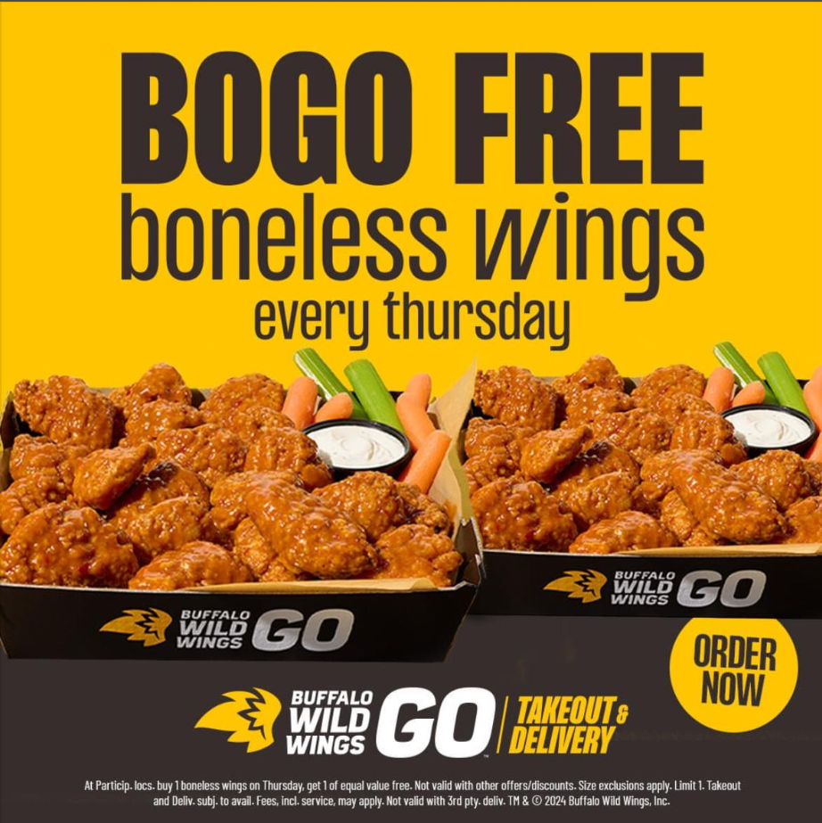 Buffalo Wild Wings Bogo (Buy One Get One) Deals Menu USA