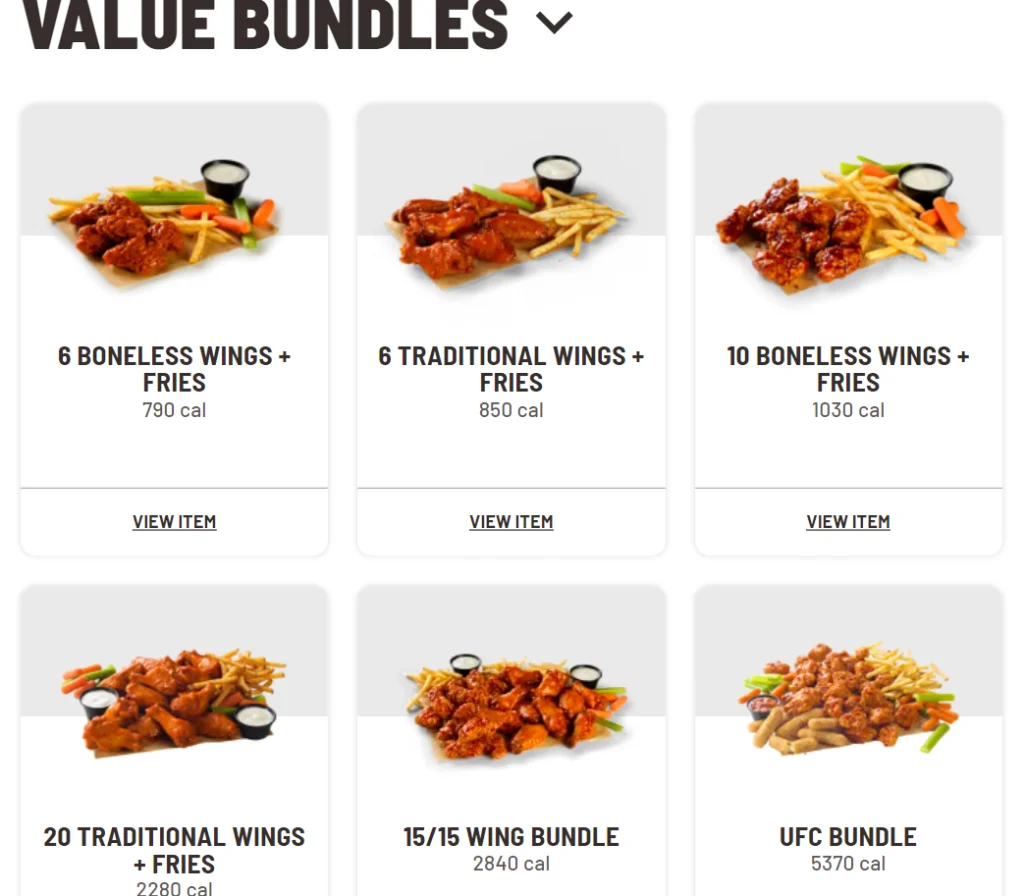 Buffalo Wild Wings Value Bundles Menu USA