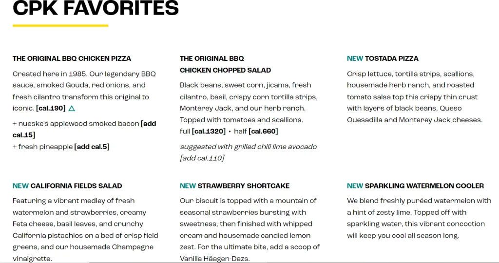 California Pizza Kitchen CPK Favorites Menu USA