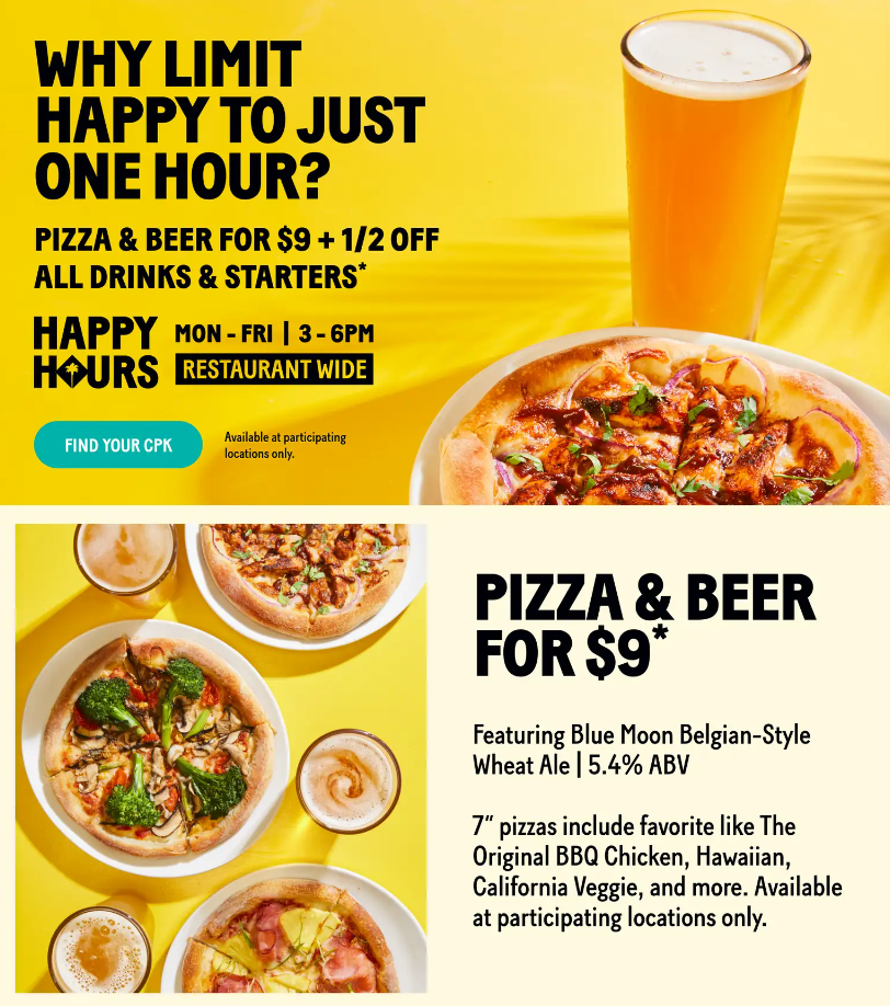 California Pizza Kitchen Happy Hour Specials Menu Deal USA