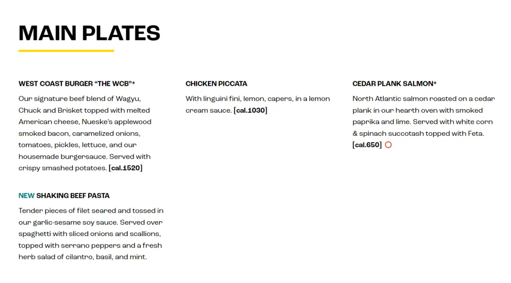 California Pizza Kitchen Main Plates Menu USA