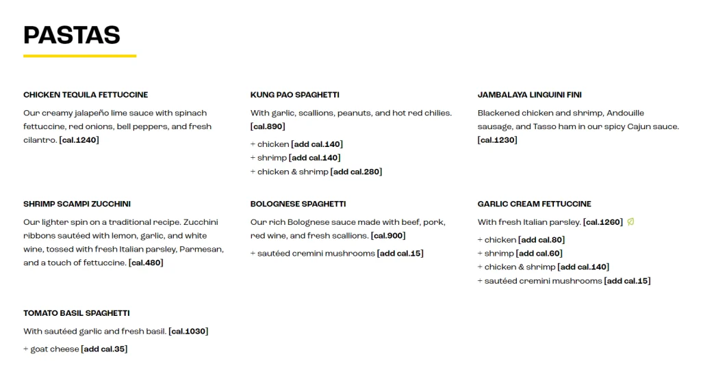 California Pizza Kitchen Pastas Menu USA