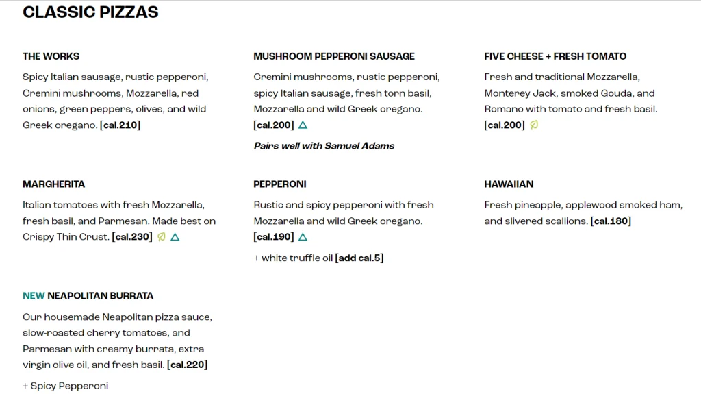 California Pizza Kitchen Pizzas Menu USA