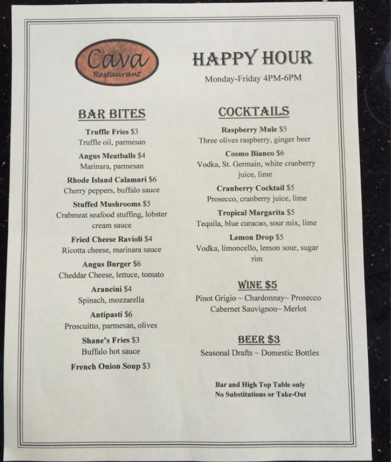 Cava Happy Hour Deals Menu USA