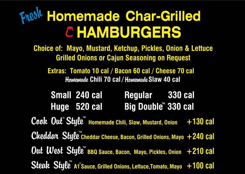 Cook Out Homemade Char-Grilled Hamburgers Menu USA