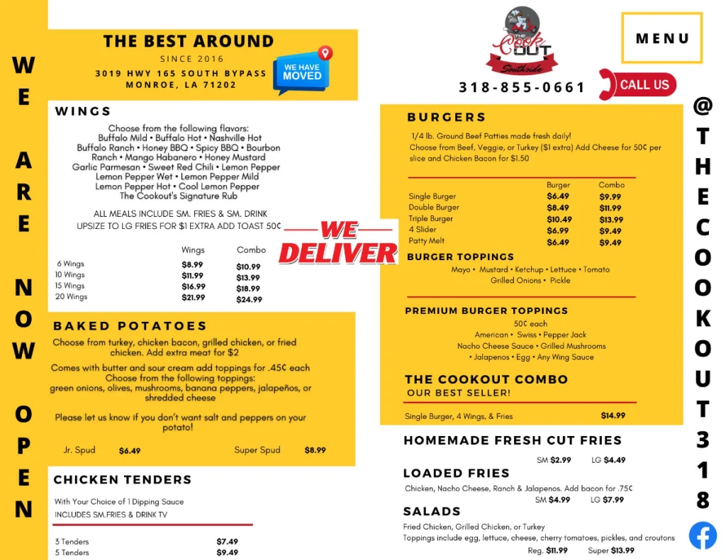 Cook Out Menu With Prices USA