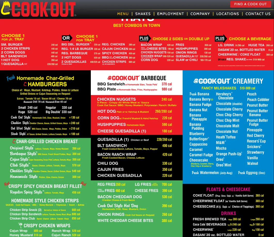 Cook Out Menu USA