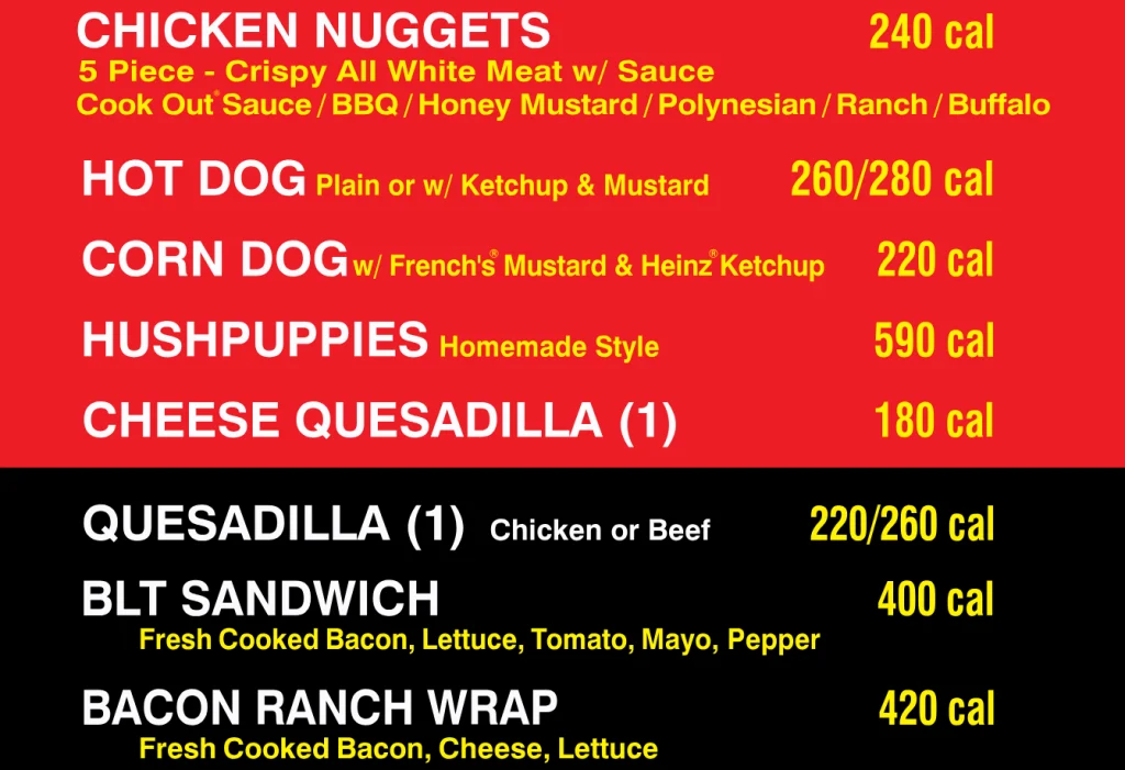 Cook Out Single Items Menu USA