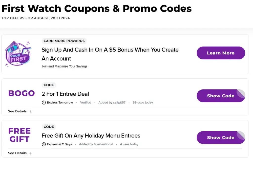 Coupons & Promo Code For First Watch Menu USA