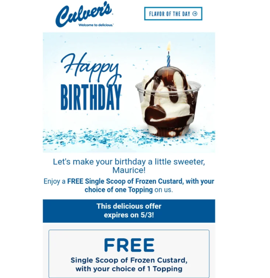 Culver's Birthday Freebies Menu Deal USA