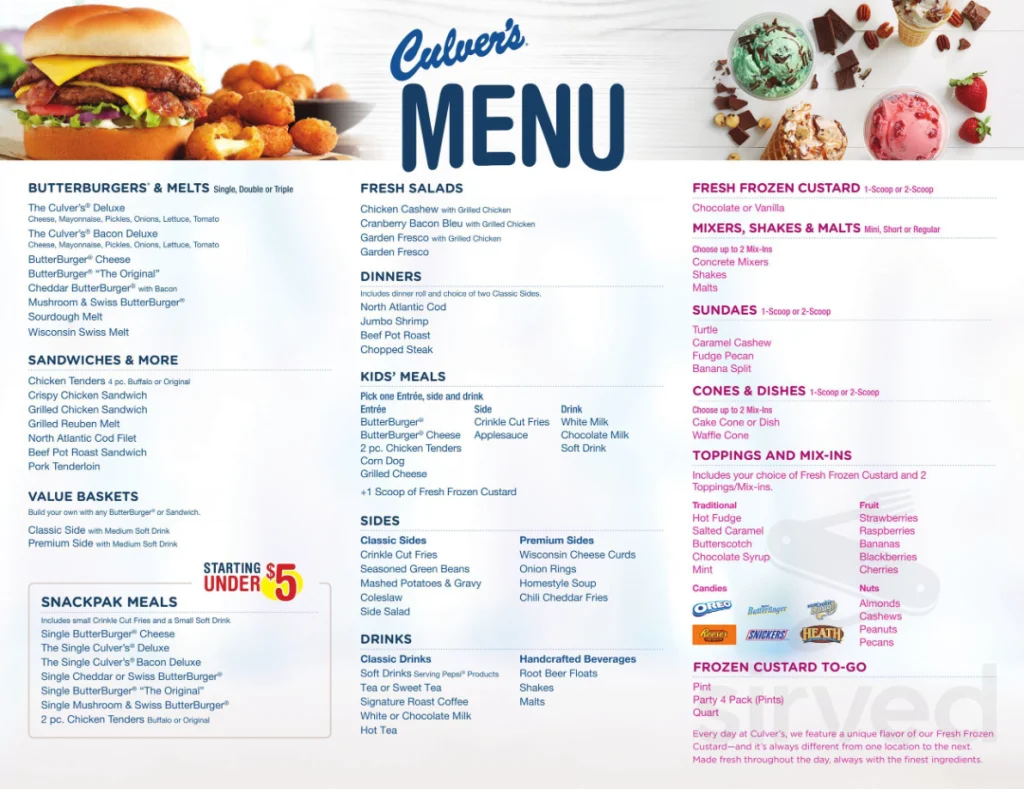 Culver's Menu With Prices USA