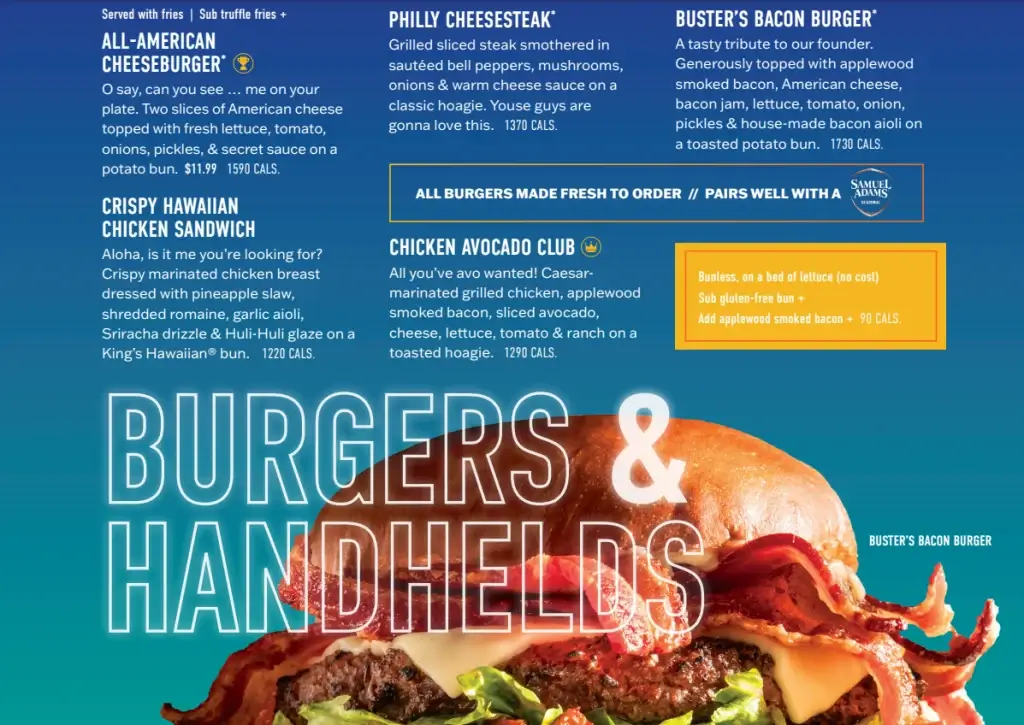 Dave & Buster's Burgers & Handhelds Menu USA