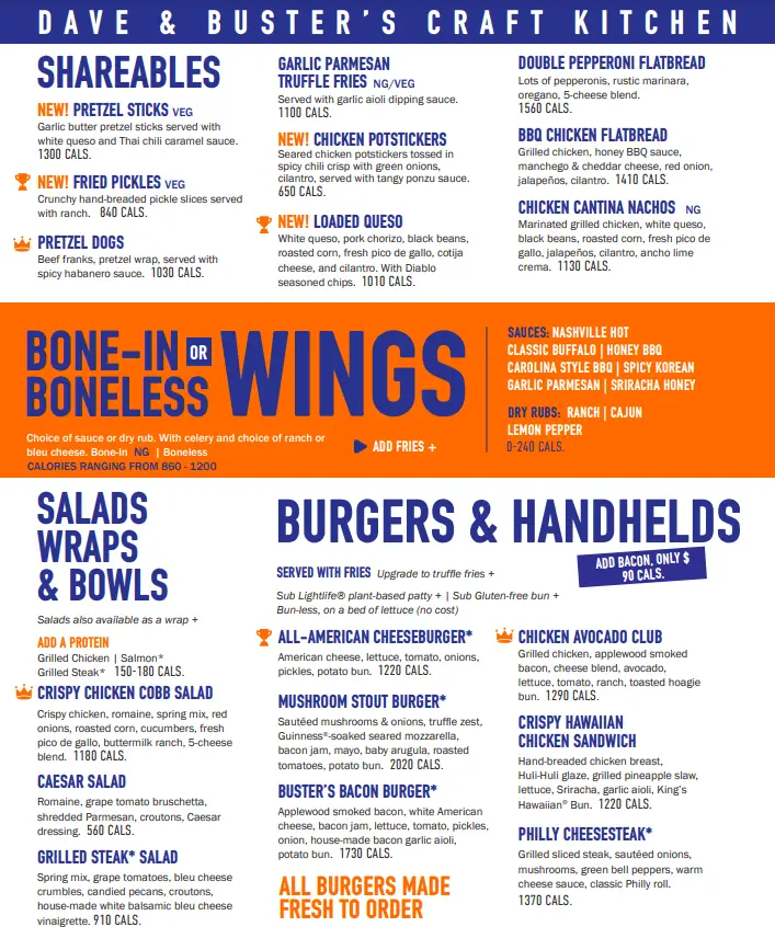 Dave & Buster's Menu USA