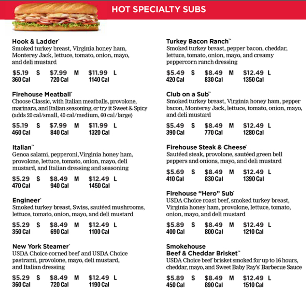 Firehouse Subs Menu Items Prices USA