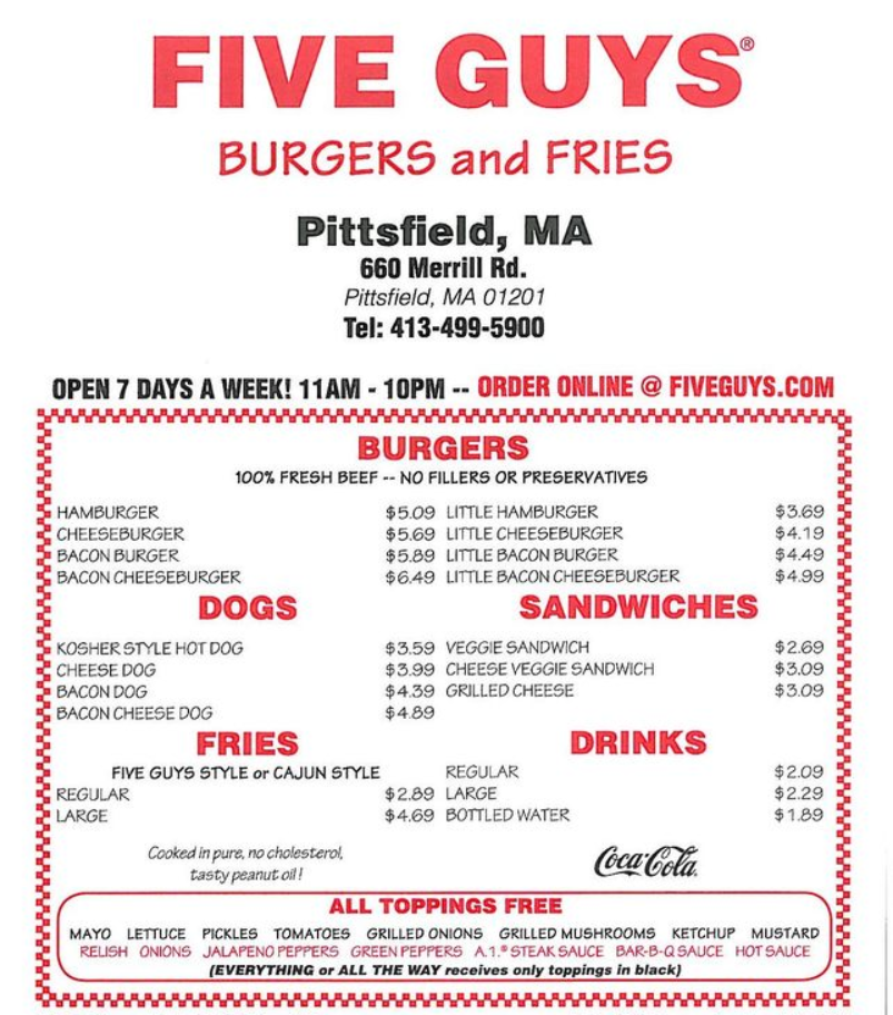 Five Guys Burgers Menu USA