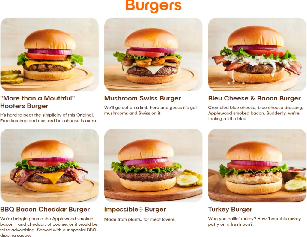 Hooters Burgers Menu USA